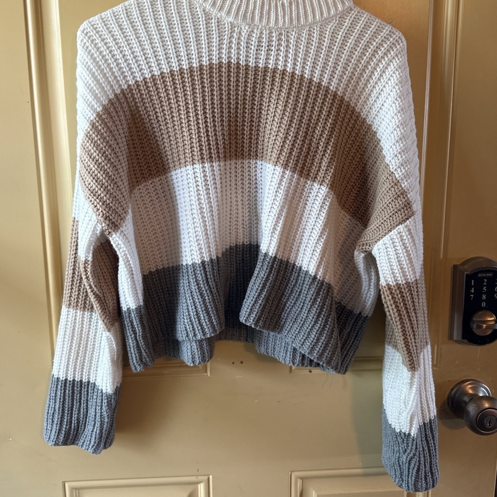 moon & madison Striped Cowl Neck Sweater - Cream, Tan, Gray